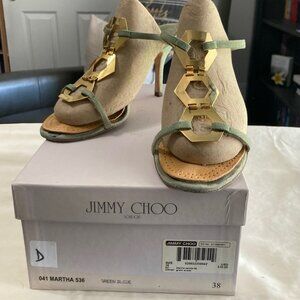 Jimmy Choo Martha Green Suede sandal, Gold Metal Accents, Size 38/8